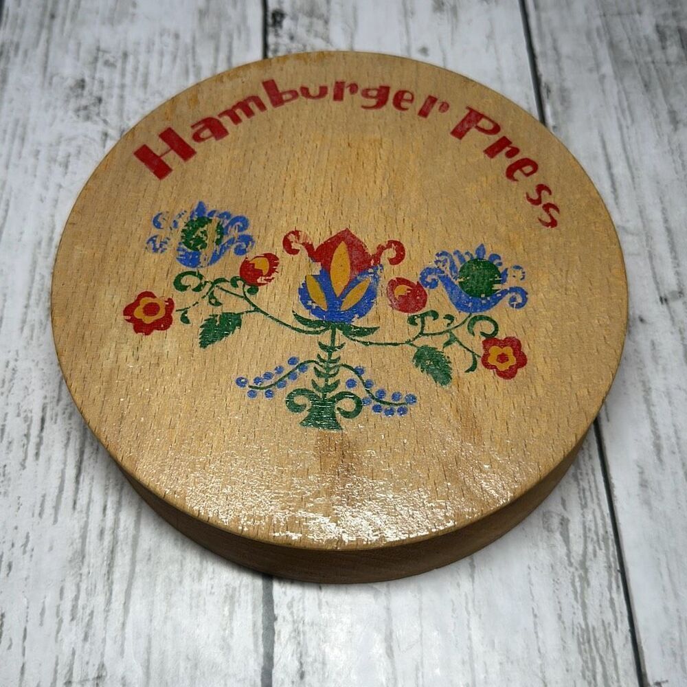 Vintage Wooden Hamburger Press Floral 5‎ 3/4" Round Hand Painted